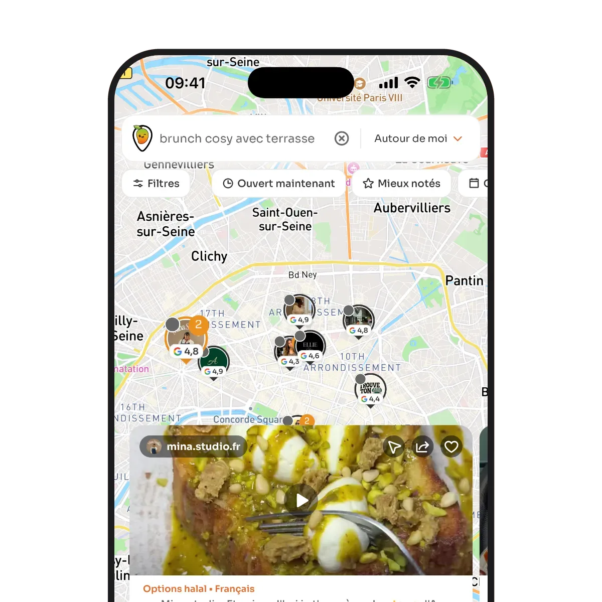 La recherche de l’app MiamGo avec la requête « brunch cosy avec terrasse » et les résultats sur la carte de Paris.