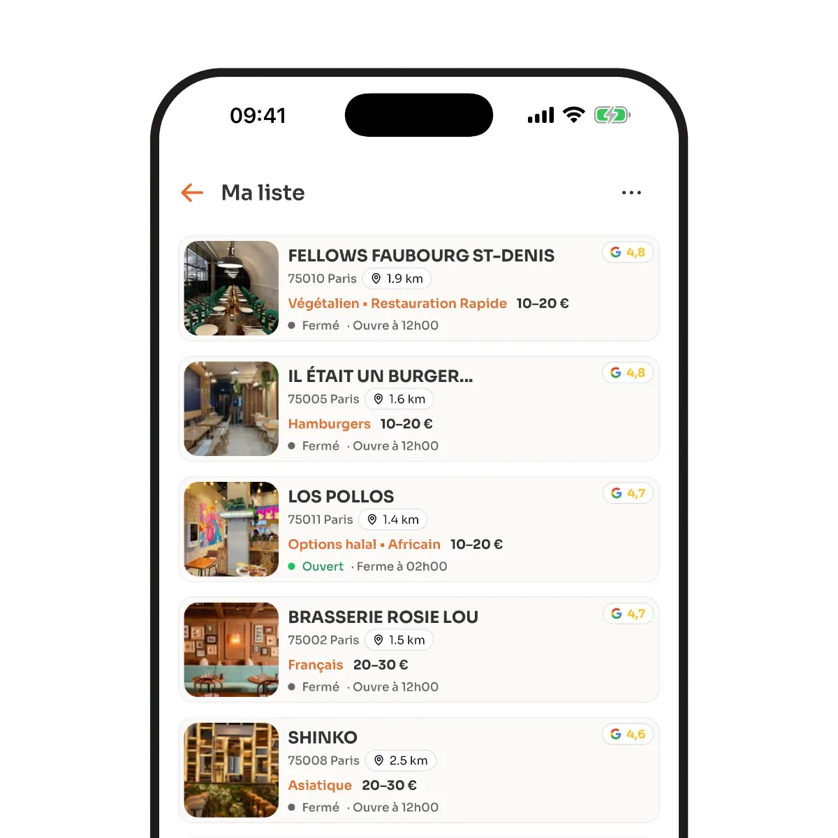 La liste « Ma liste » de l’app MiamGo avec des restaurants parisiens sauvegardés.
