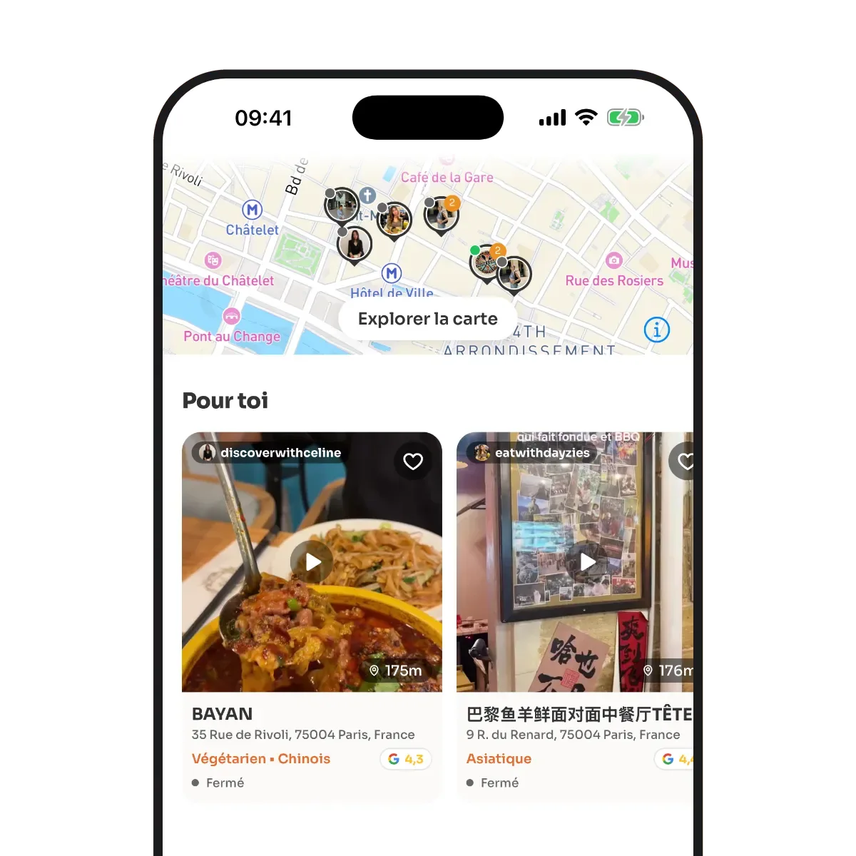 L’écran « Pour toi » de l’app MiamGo : des restaurants à Paris recommandés en vidéo par des créateurs food.