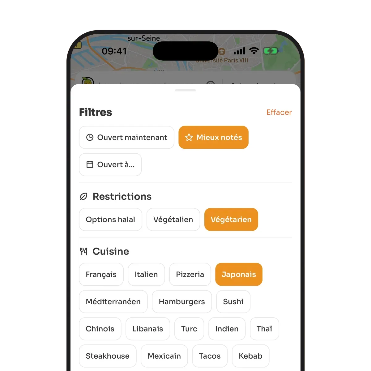 Les filtres de l’app MiamGo : mieux notés, végétarien et japonais sélectionnés.