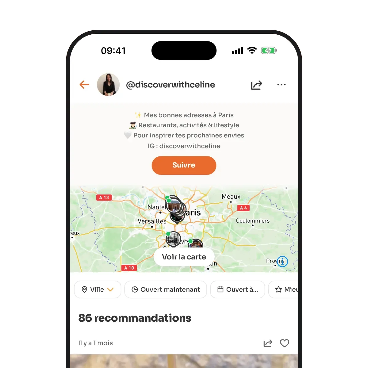 Un profil de créateur food dans l’app MiamGo, avec le bouton Suivre et la carte de ses adresses.