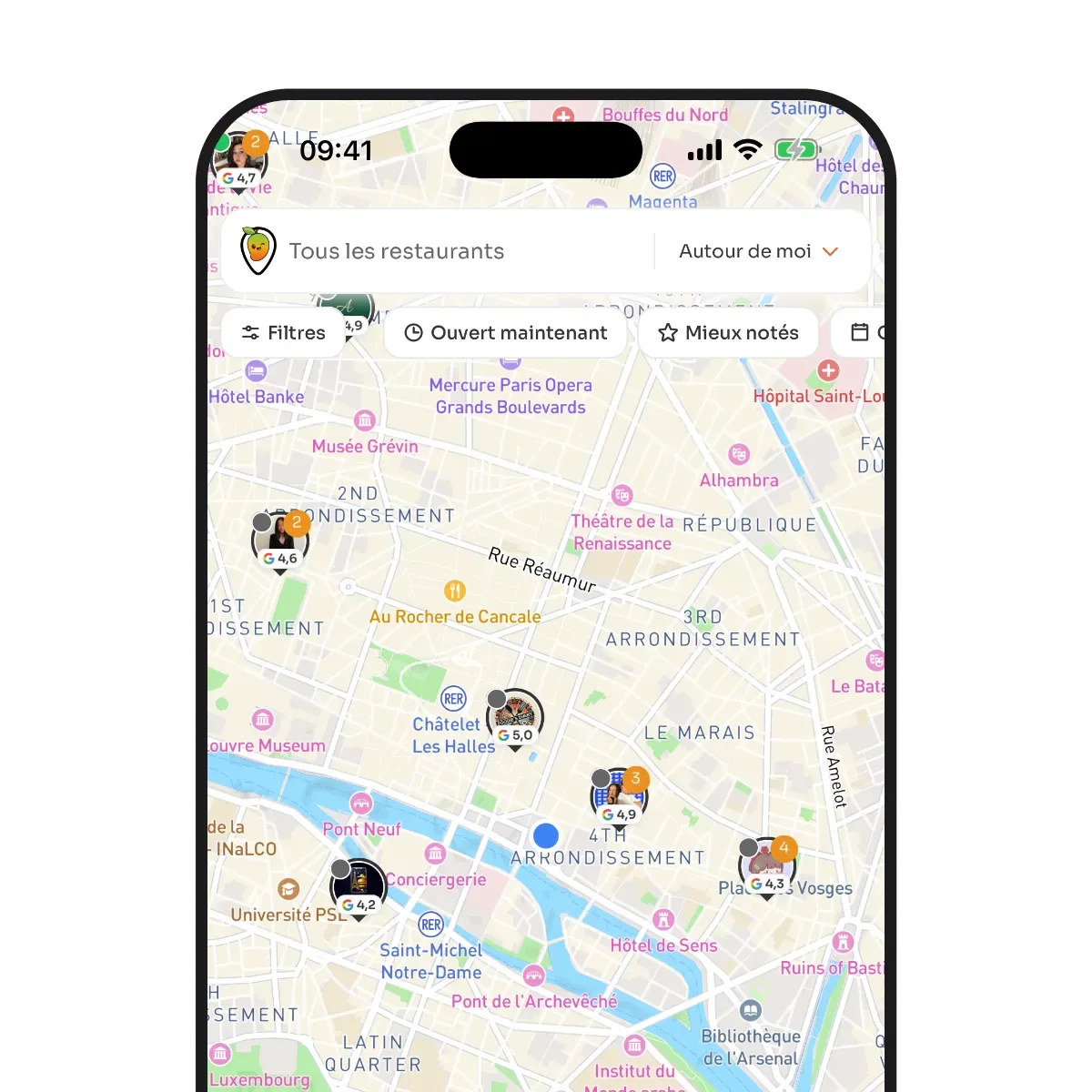 La carte de l’app MiamGo centrée sur ta position à Paris, avec les restaurants recommandés autour.