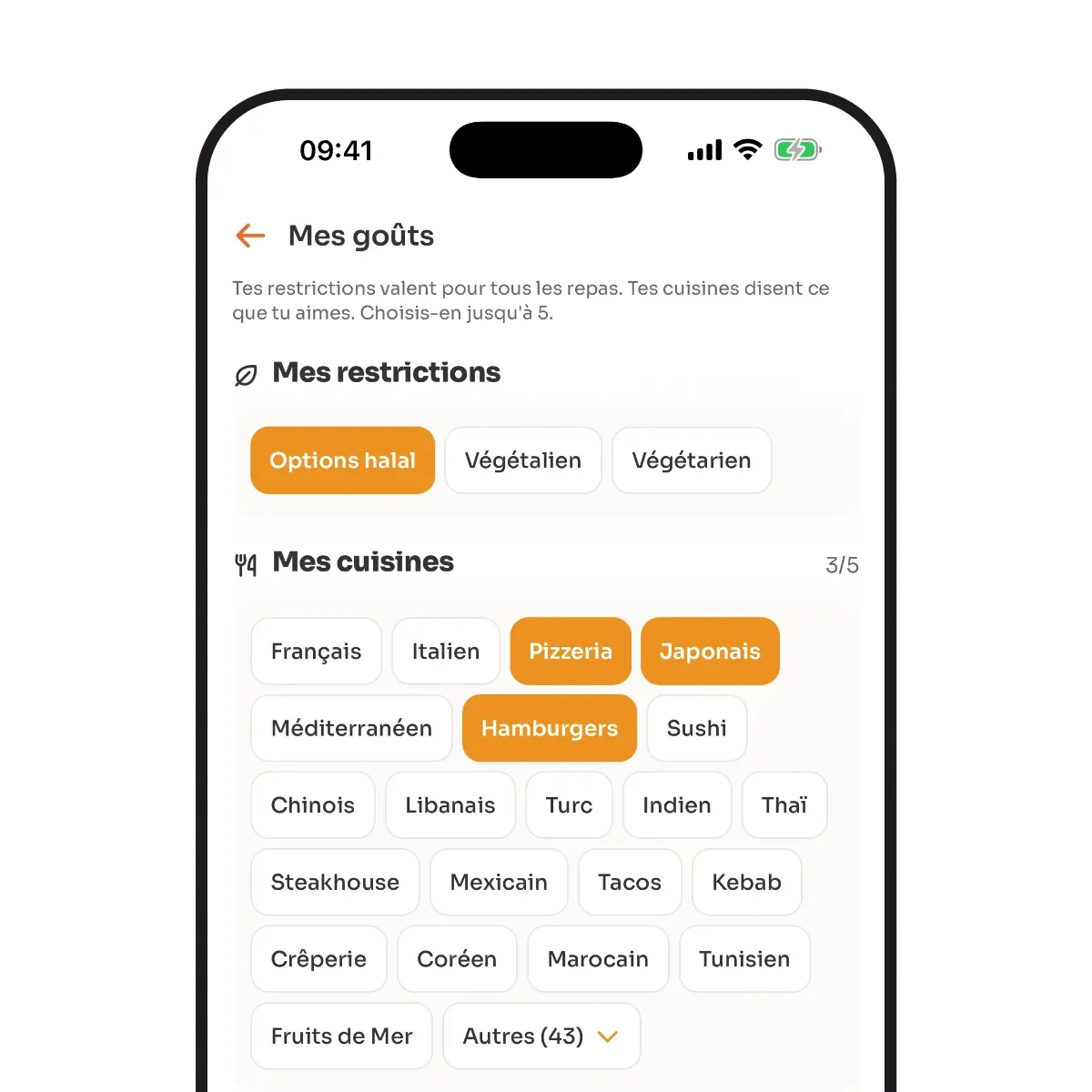L’écran « Mes goûts » de l’app MiamGo, avec une restriction et trois cuisines favorites sélectionnées.